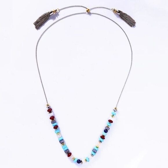 Blue Beaded Tassel Fringe Lariat Long Vintage Silver Pendant Statement Necklace - Picture 2 of 8